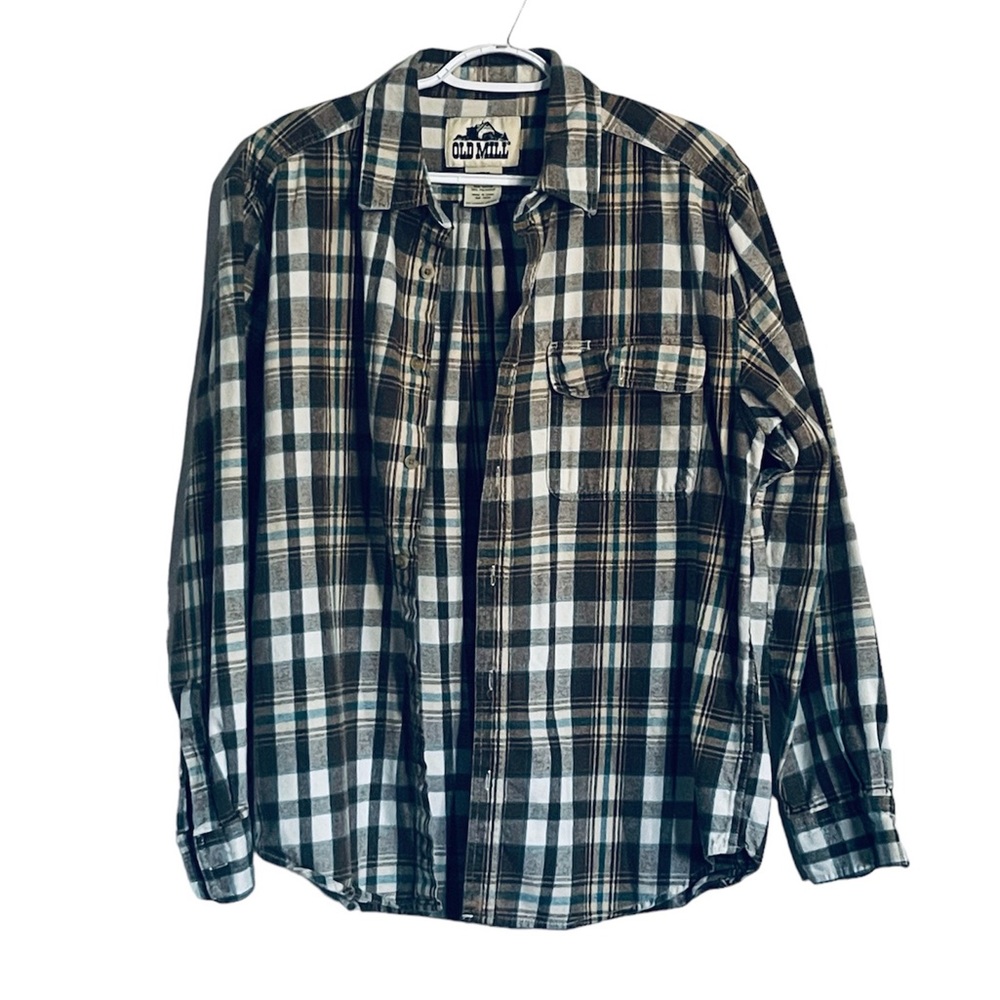 Old Mill Flannel Long Sleeve Brown White Beige Blue Button Up Shirt